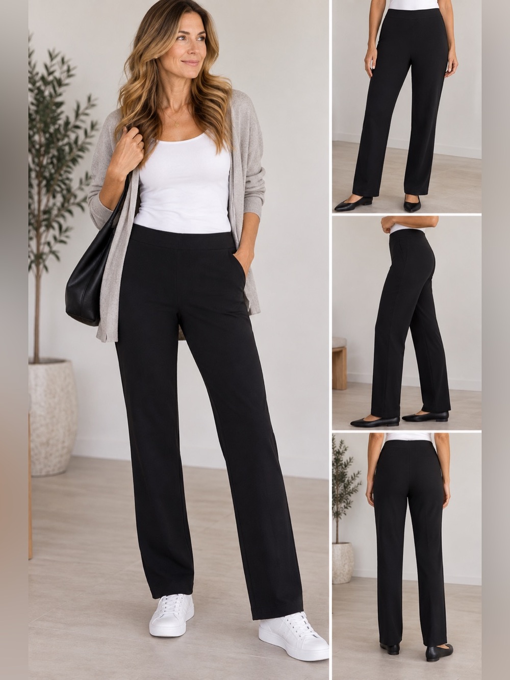 Eileen Fisher Black Stretch Pull-On Pants Large 32” Inseam Quiet Luxury Classic